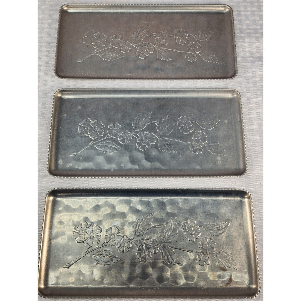 Aluminum Hand-wrought Trays VTG Embossed Floral Design Dogwood Flowers  1950s